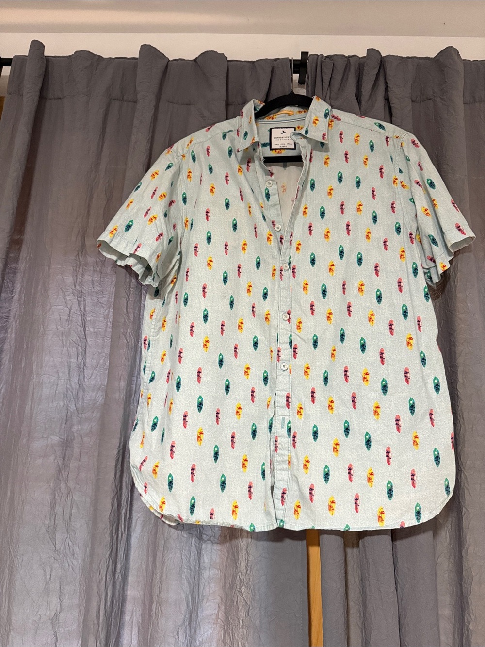 Denim & Flower Mint Short-Sleeve Button-Down with Multicolor Surf Print